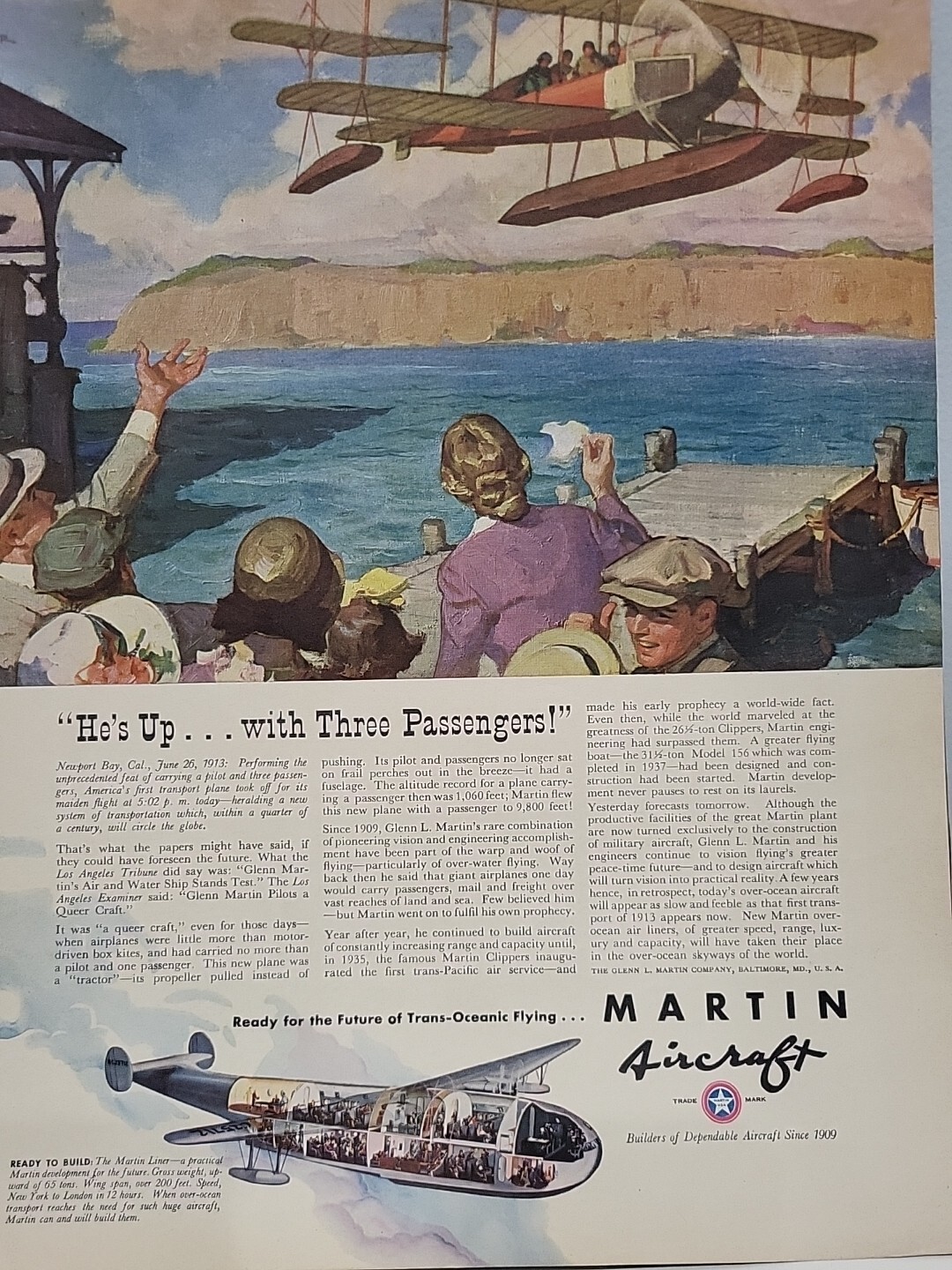 1940 Martin Aircraft Fortune WW2 Print Ad Q3 Newport Bay Air and Water Ship