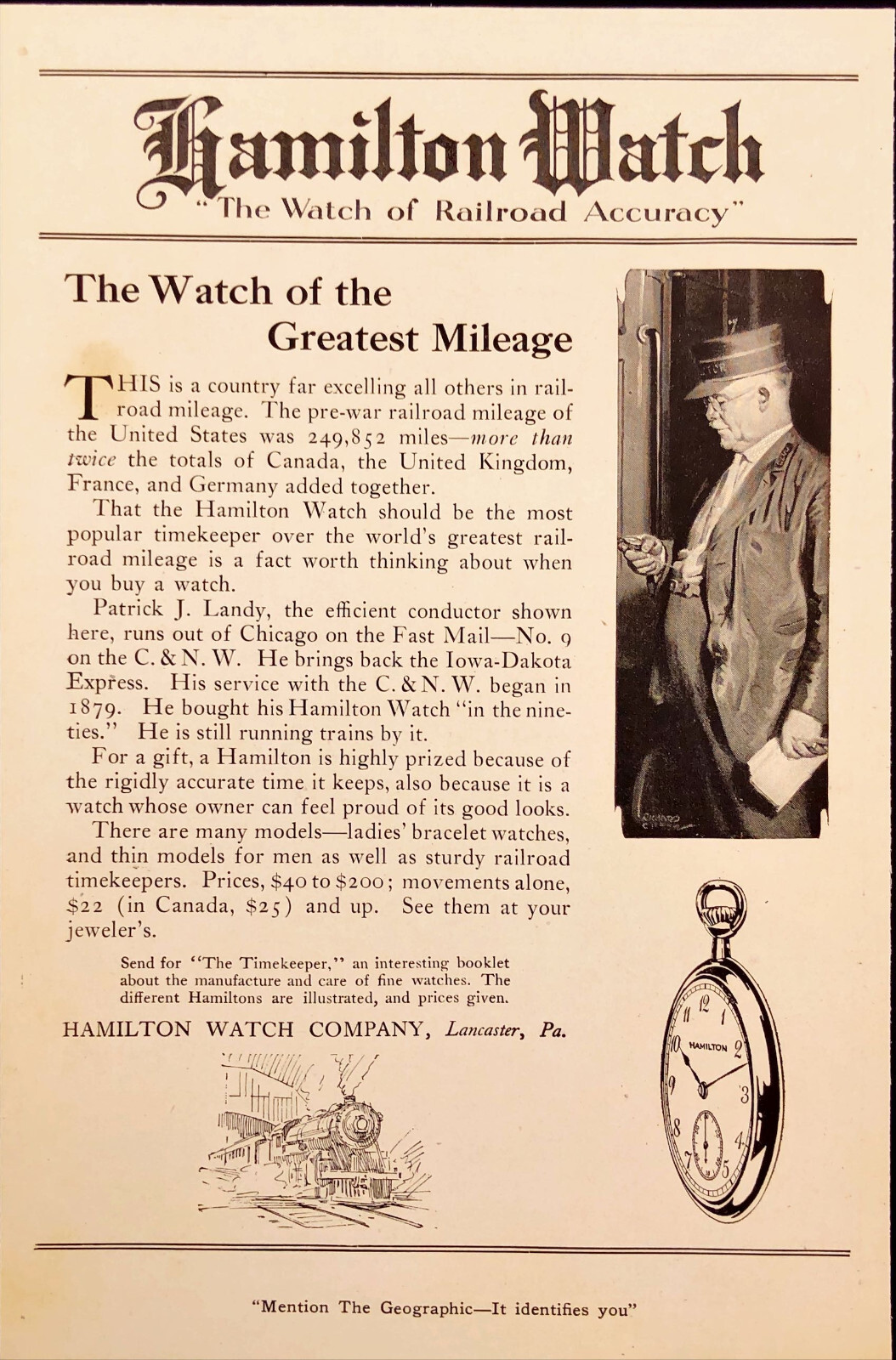 1921 Hamilton Watch Co Pocket Watch Train Lancaster PA Antique Print Ad