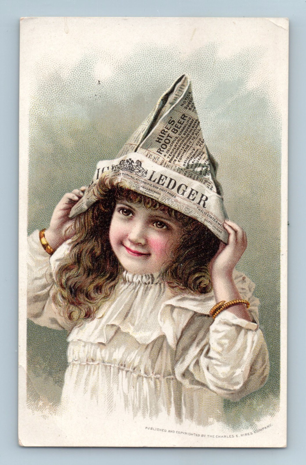 TRADE CARD Newspaper Hat Ledger Hires Root Beer Cough Cure Donaldson Bros NY