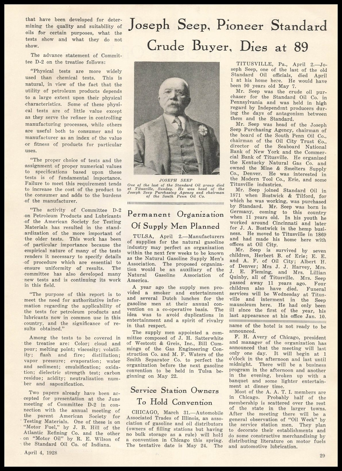 1928 Joseph Seep South Penn Oil Crude Buyer Photo Dies At 89 Article Print Ad
