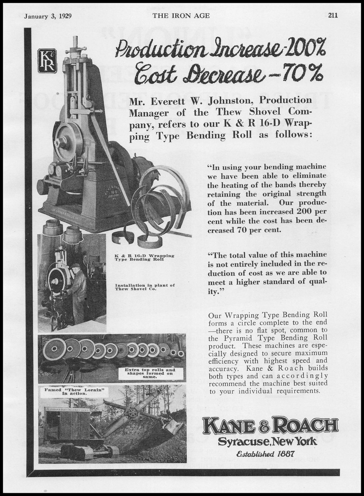 1929 Everett W Johnston Photos Thew Shovel Co. Kane & Roach Syracuse NY Print Ad
