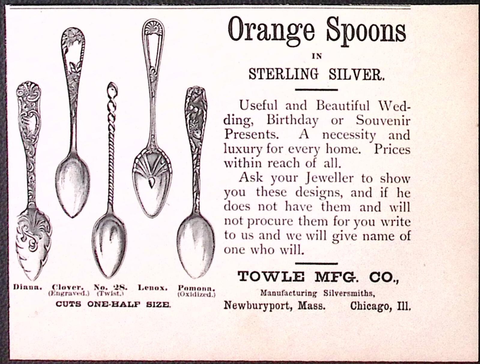 1891 Towle Mfg Co Silversmiths Sterling Silver Orange Spoons Print Ad 3.75 x 5″