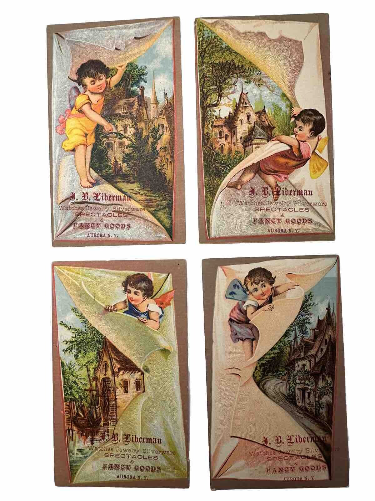 4 Victorian trade cards JB Liberman Jeweler Watches Spectacles Aurora NY B65