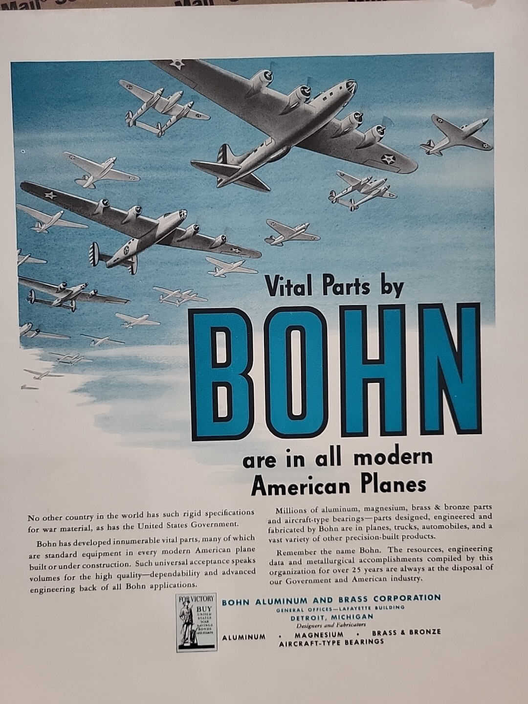 1942 Bohn Aluminum and Brass Fortune WW2 Print Ad Q4 U.S. War Planes Bombers