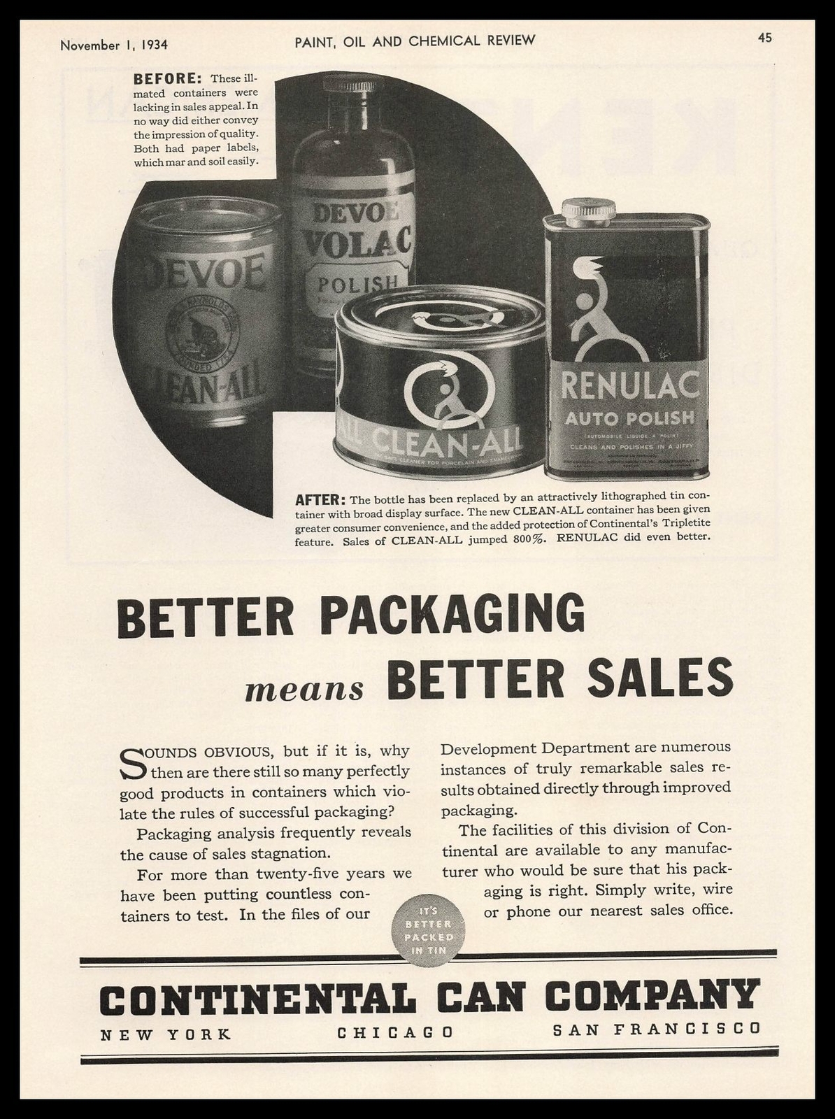 1934 Continental Can Co. San Francisco Ca Devoe Volac Renulac Polishes Print Ad