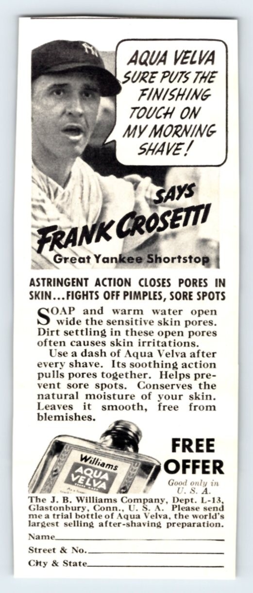 1938 NY YANKEES FRANK CROSETTI AQUA VELVA AD Vtg 2″X6″ Magazine Ad 1930’s M612