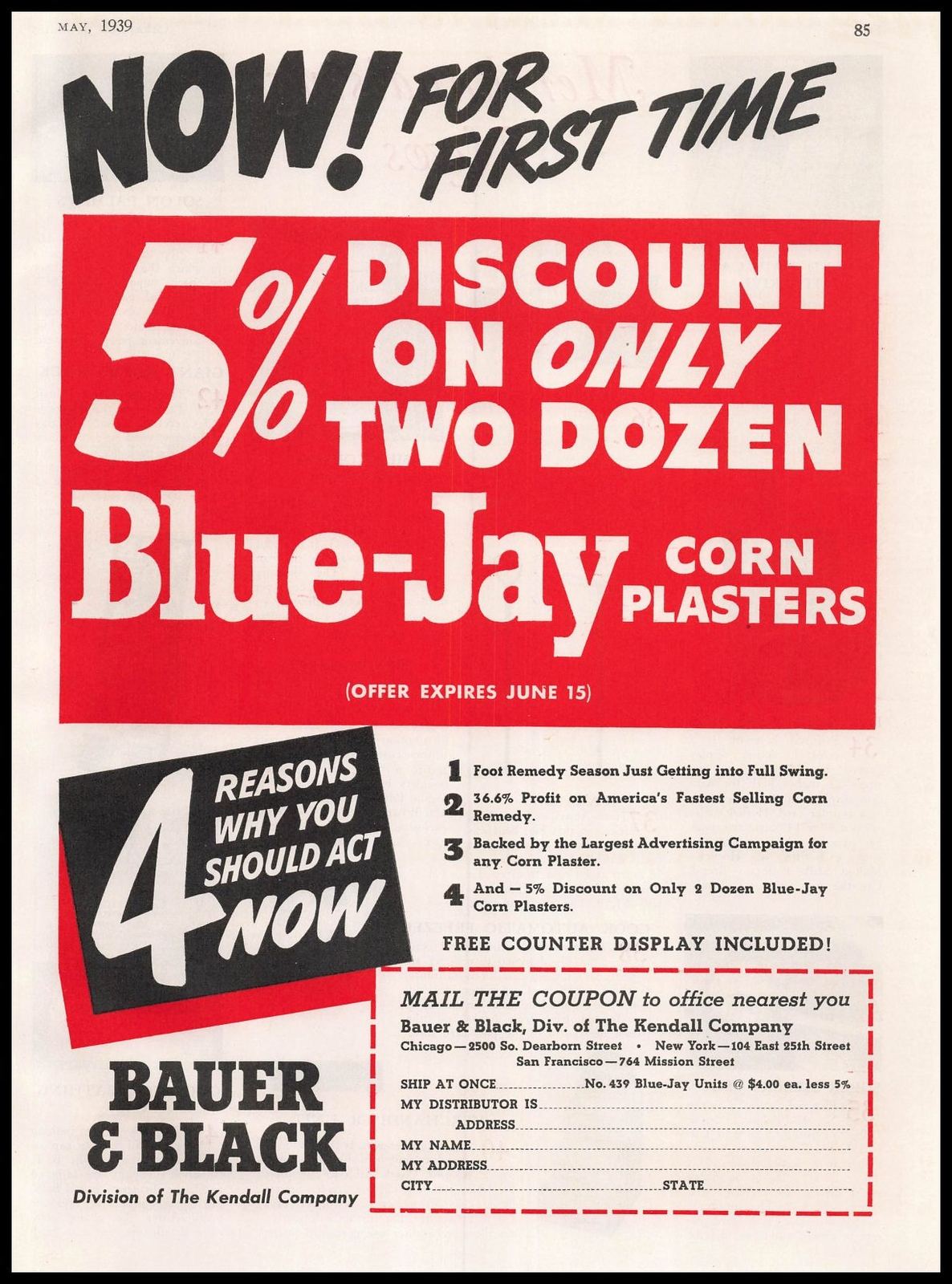 1939 Bauer & Black Kendall Company San Francisco Blue Jay Corn Plasters Print Ad