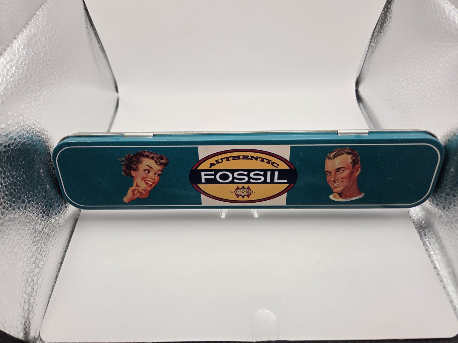 Vintage Authentic Fossil Tin Watch Box Metallic Collectible Retro Teal Blue