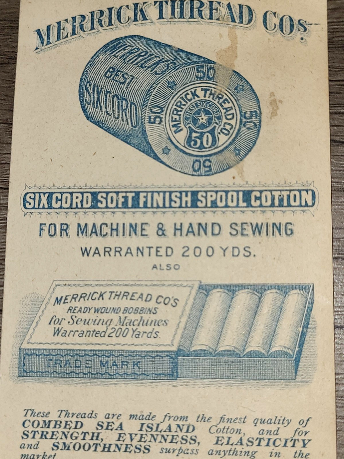 Antique Merrick Thread Co. Victorian trade card, little girl catching spools