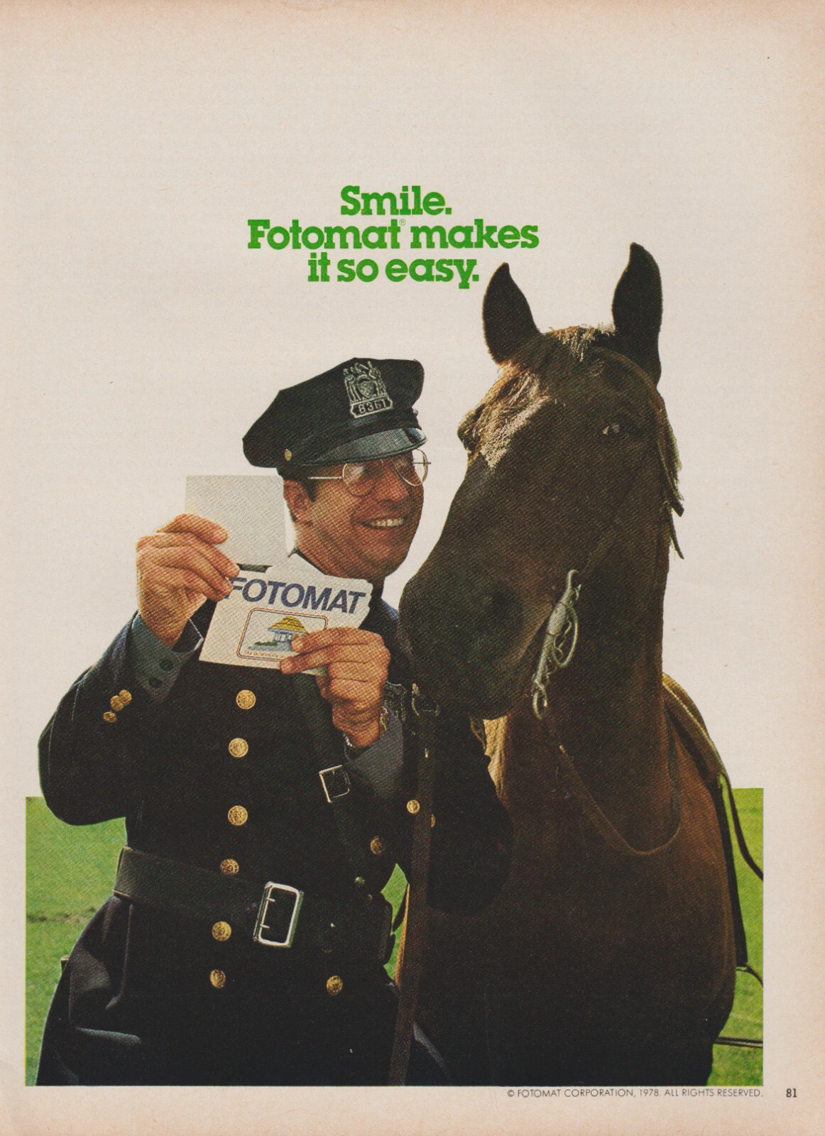 1978 Fotomat Film Developing – Police Officer Cop & Horse “Smile”-Print Ad Photo