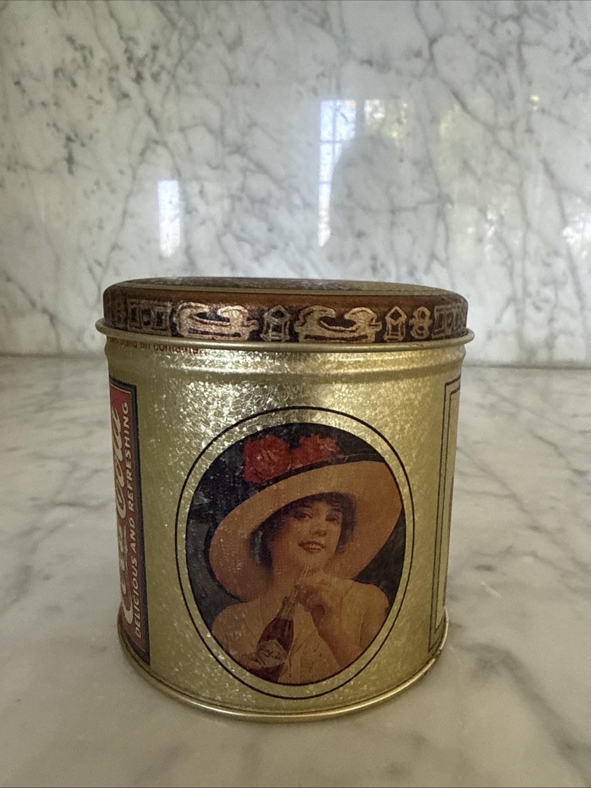 Coca-Cola Vintage Gold Victorian Style Tin, Vintage Coca-Cola Antiqued Candy Tin
