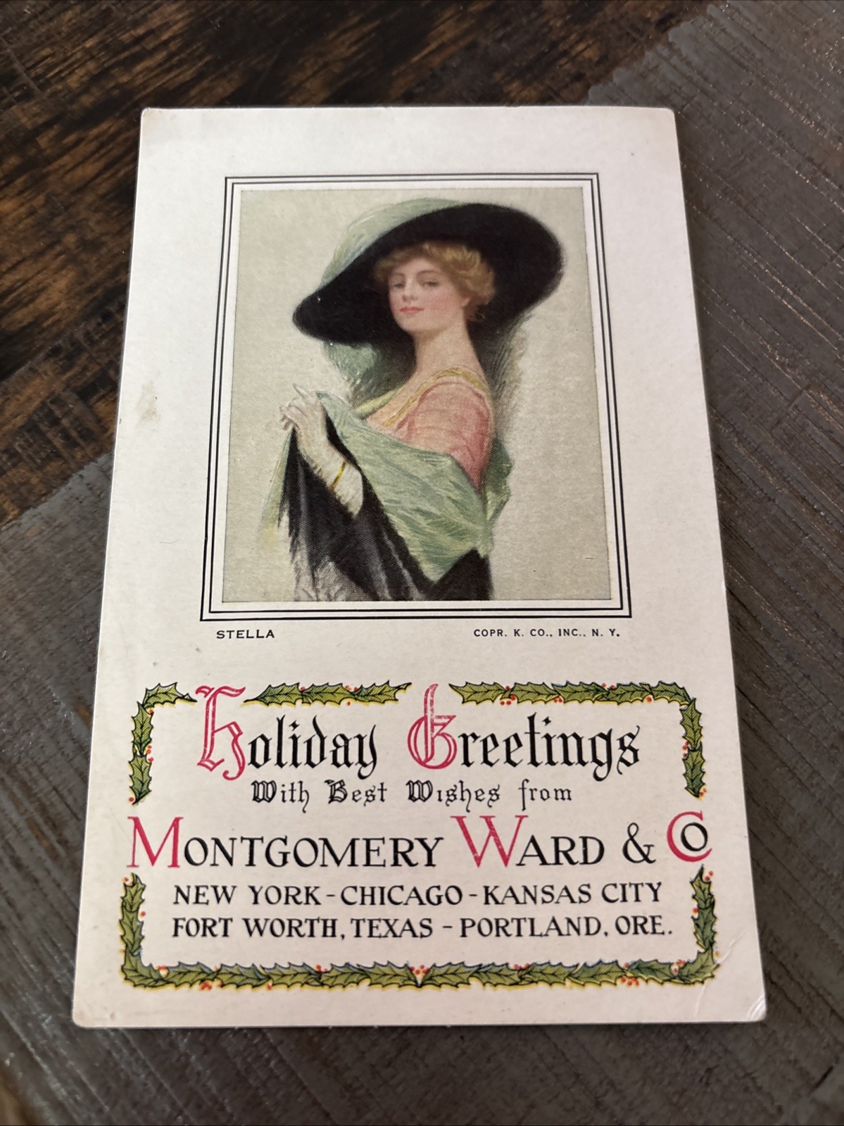 Montgomery Ward & Co STELLA lady Best Wishes NY Portland Texas Kansas CARD adv