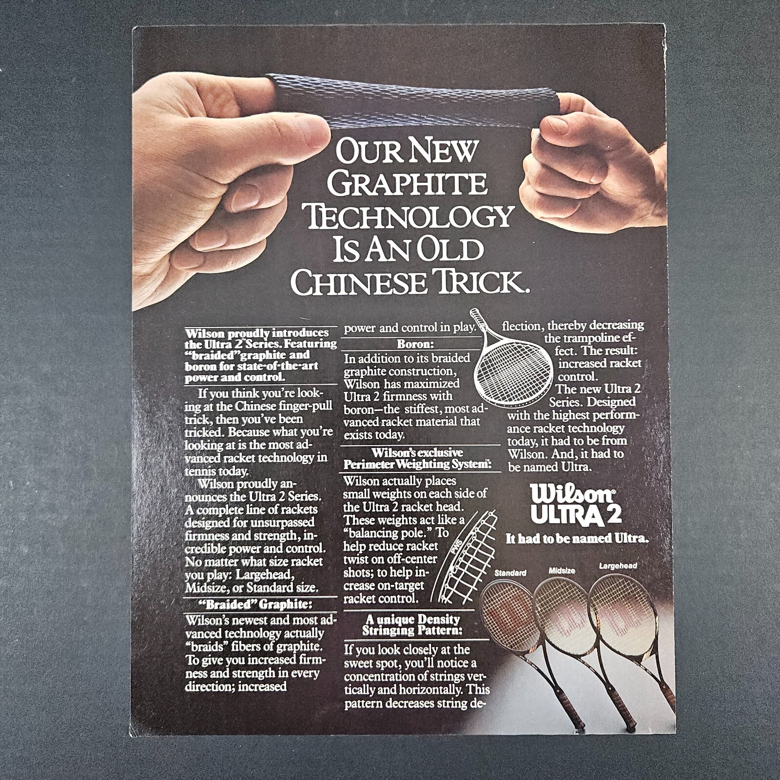 1983 Wilson Ultra 2 Graphite Tennis Racket Vintage Print Ad Chinese Finger Cuffs
