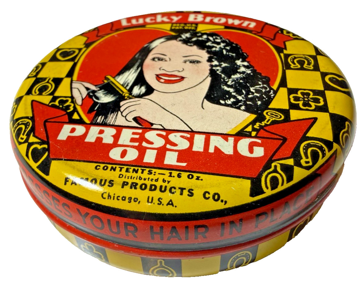 Rare 1938 Lucky Brown Pressing Oil Tin Famous Products Chicago Black American