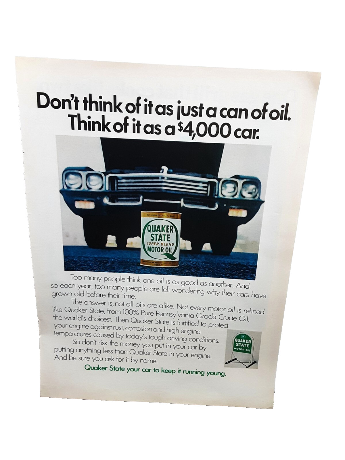 1973 Quaker State Motor Oil Keep It Running Young Original Print Ad