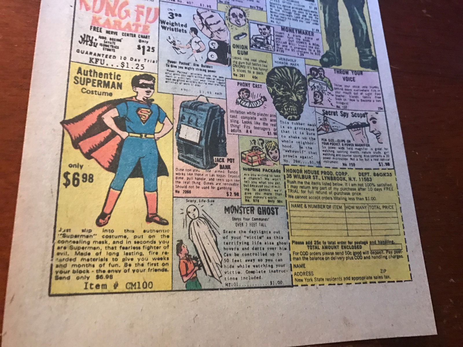 1974 VINTAGE 6.5X10 PRINT AD FOR HONOR HOUSE NOVELTY ITEMS SUPERMAN+FRANKENSTEIN