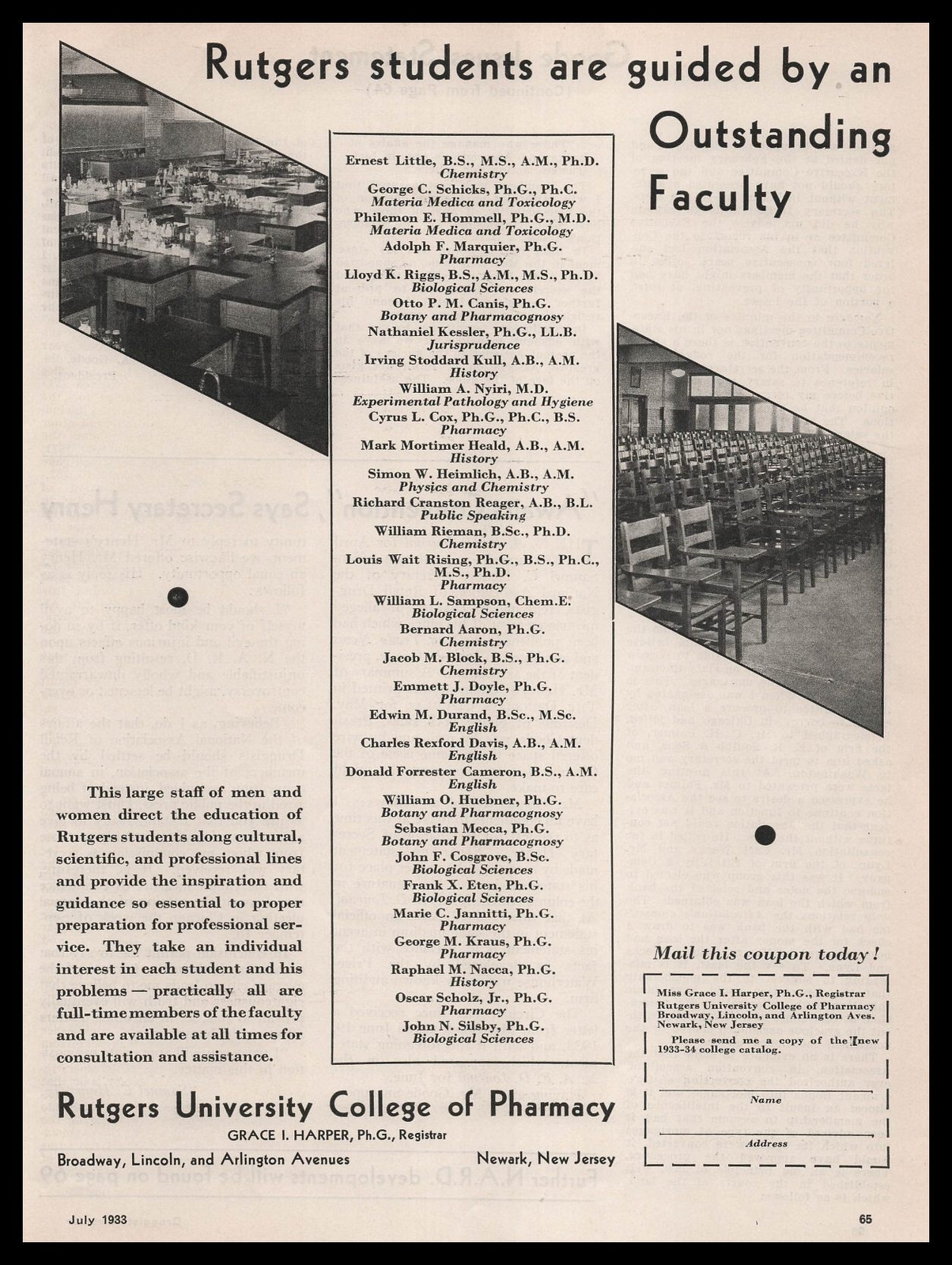 1933 Rutgers University College Of Pharmacy Classroom Newark New Jersey Print Ad