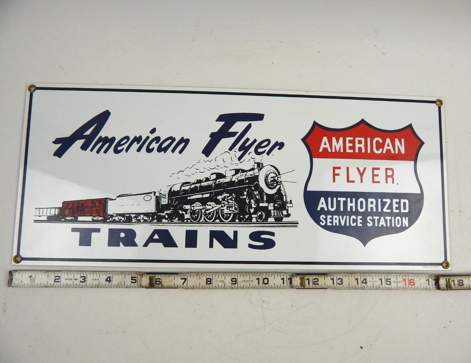 American Flyer Trains Ande Rooney Porcelain Enamel Sign Model Train 18″x7.5″