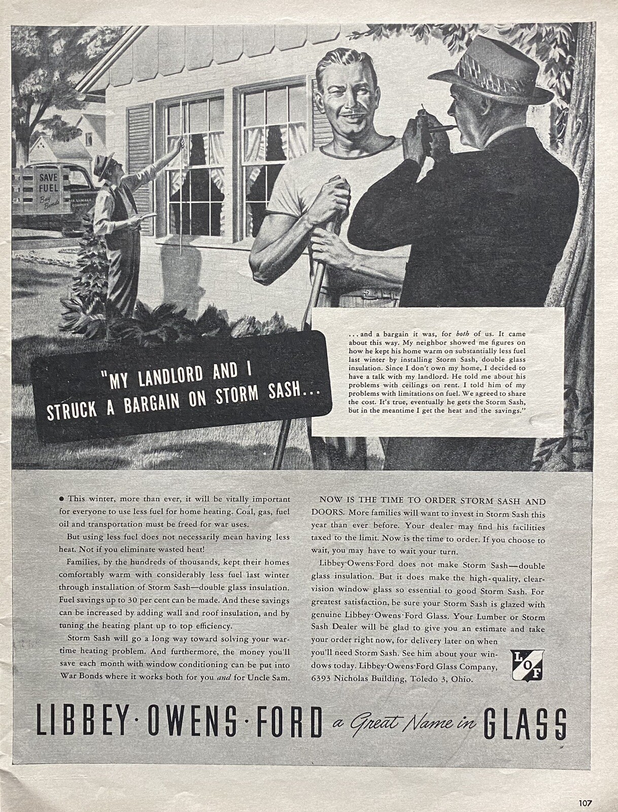 Vintage 1943 Print Ad Libbey Owens Ford Glass Life Magazine Ephemera WW2