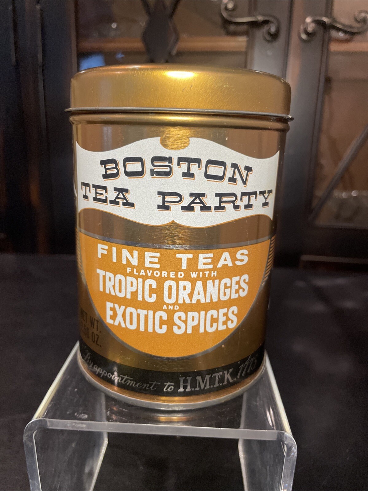 Vintage Boston Tea Party Empty Metal Container Tin Orange Spice Advertising