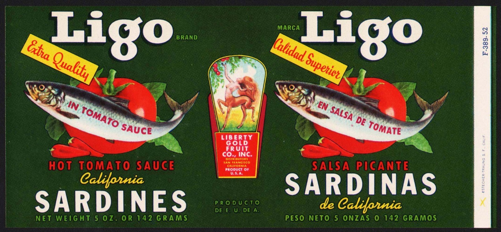 Vintage label LIGO SARDINES fish pictured Liberty Gold Fruit San Francisco Calif
