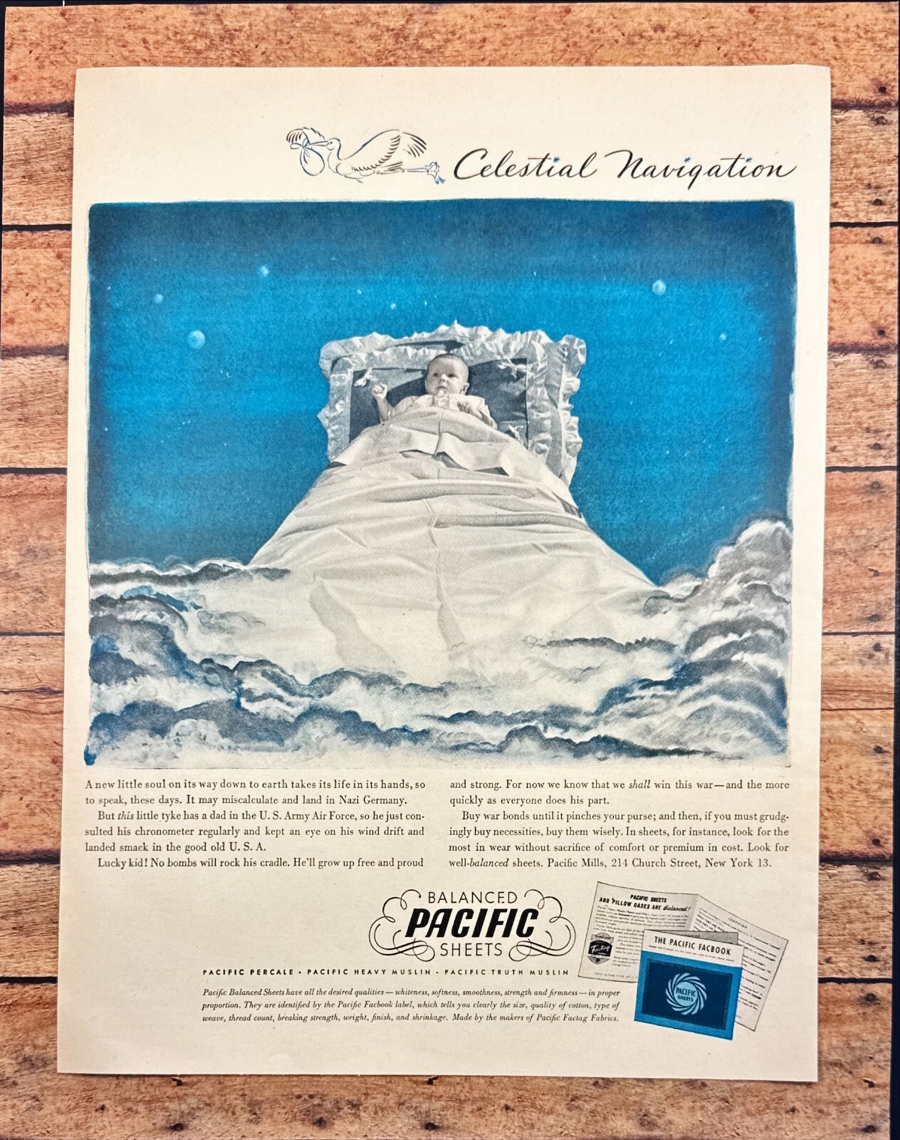 Pacific Sheets Baby No Bombs will rock his cradle WWII Vintage Print Ad 1944