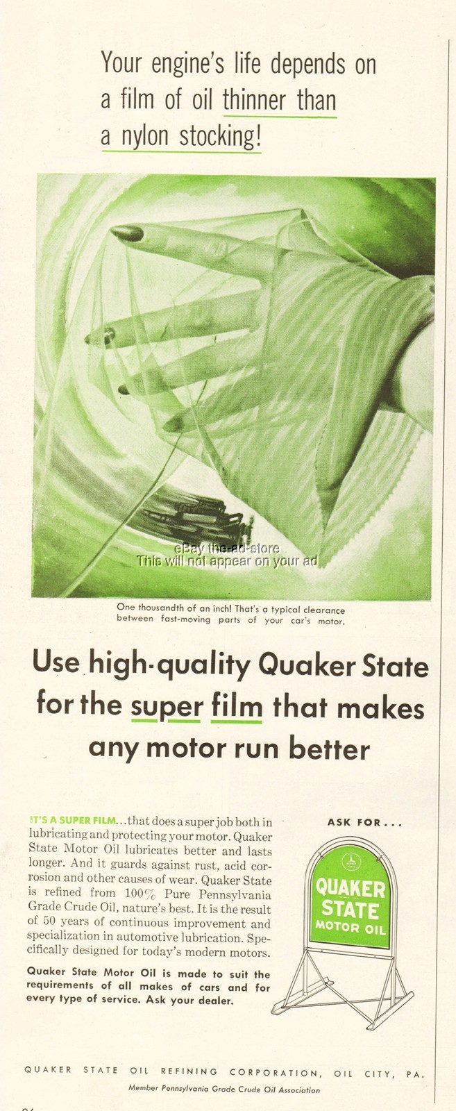 1954 Quaker State Motor Oil City PA Nylon Stocking Automobile Engine Print Ad