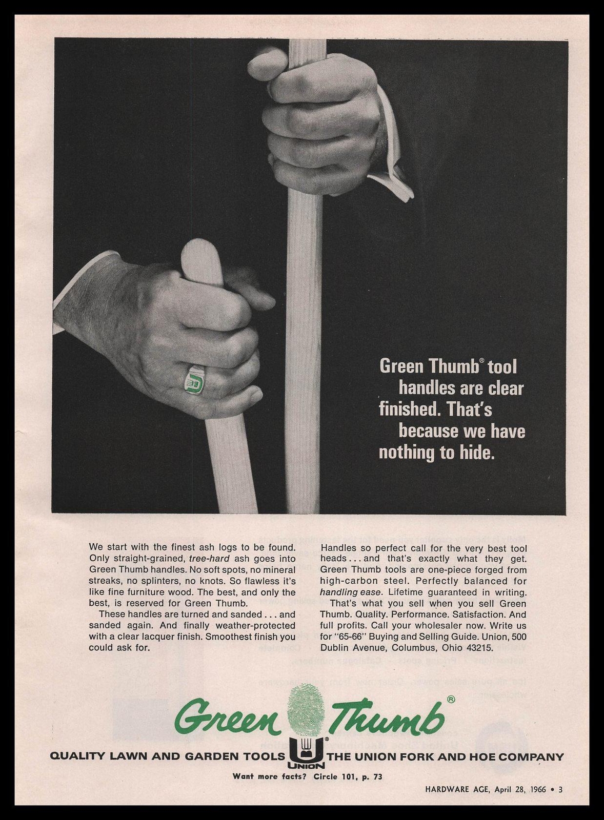 1966 Green Thumb Lawn & Garden Tools Union Fork & Hoe Co. Columbus Ohio Print Ad