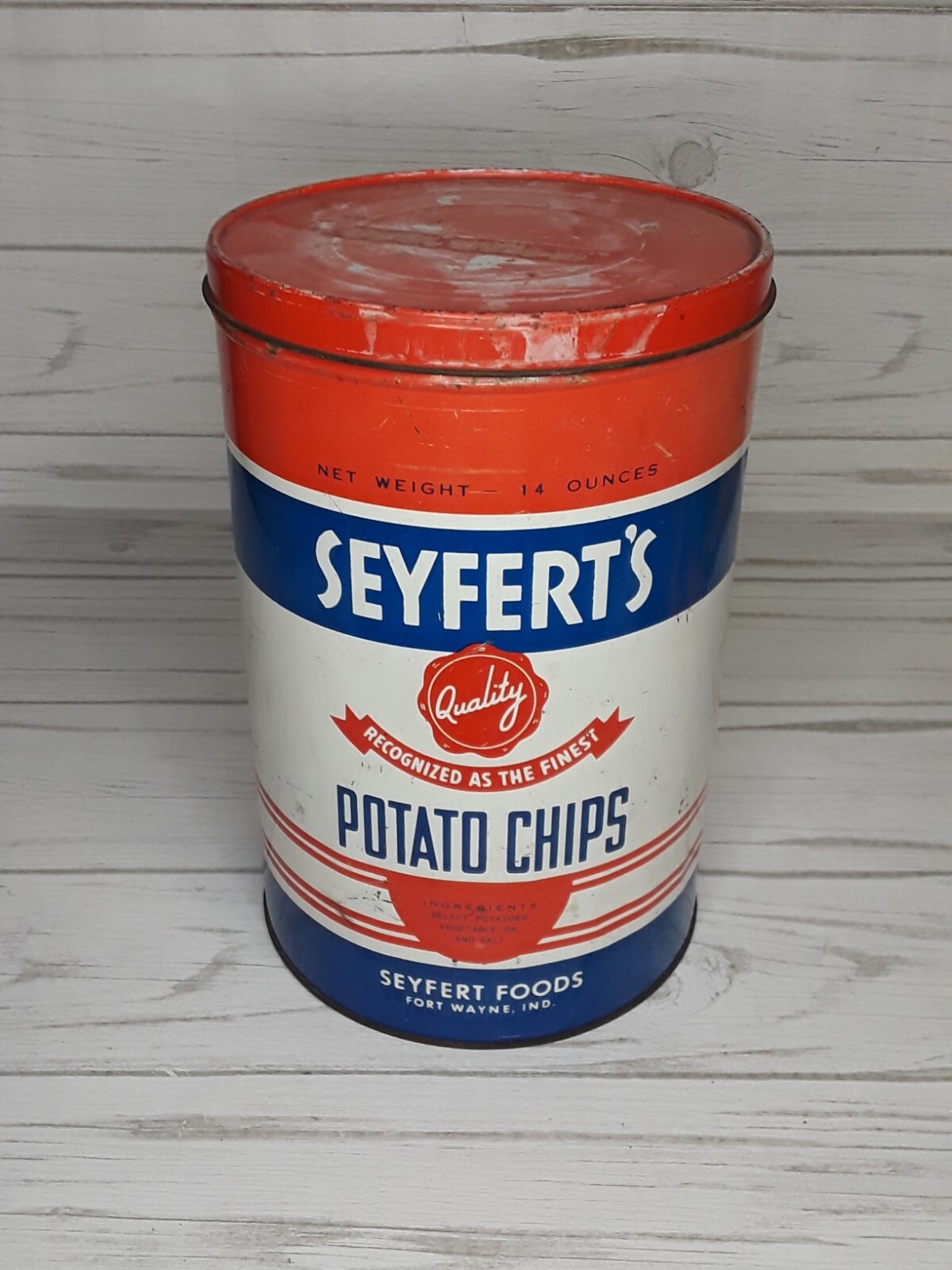Vtg Seyfert’s Potato Chips Metal Canister 14 oz Seyfert Foods Fort Wayne, IN USA