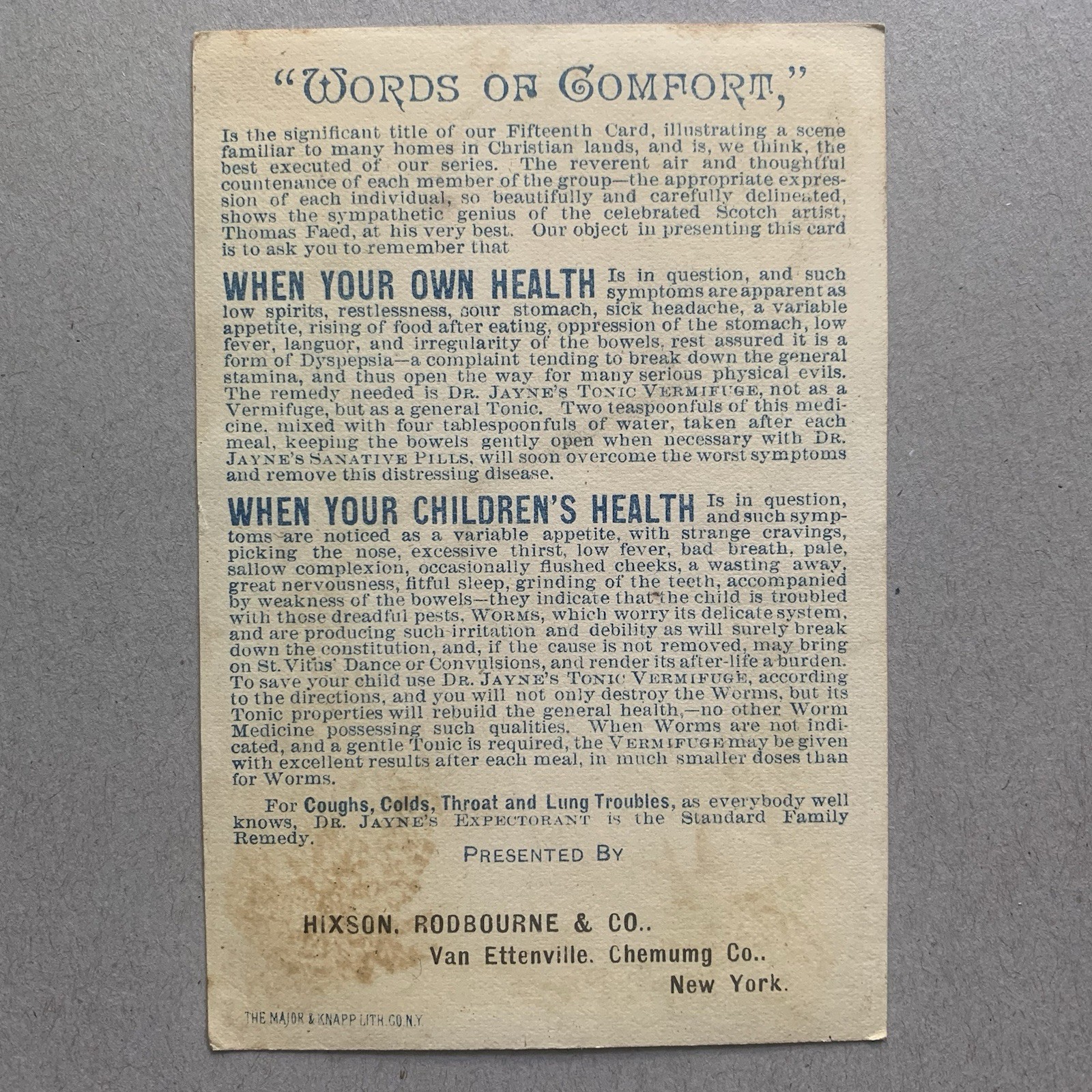 Dr Jaynes Tonic Words of Comfort Hixson Rodbourne & Co Van Ettenville Trade Card