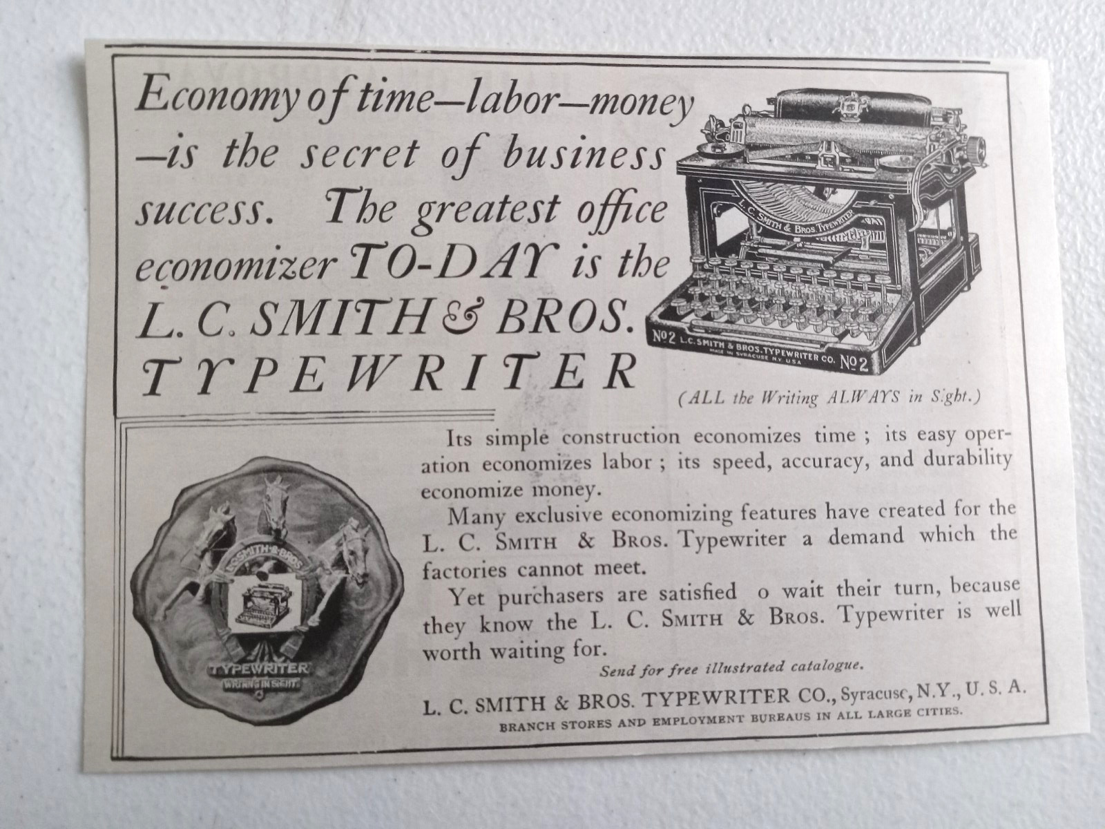 1907 L.C. Smith & Bros. Typewriter Antique Print Ad 3-Horse Emblem