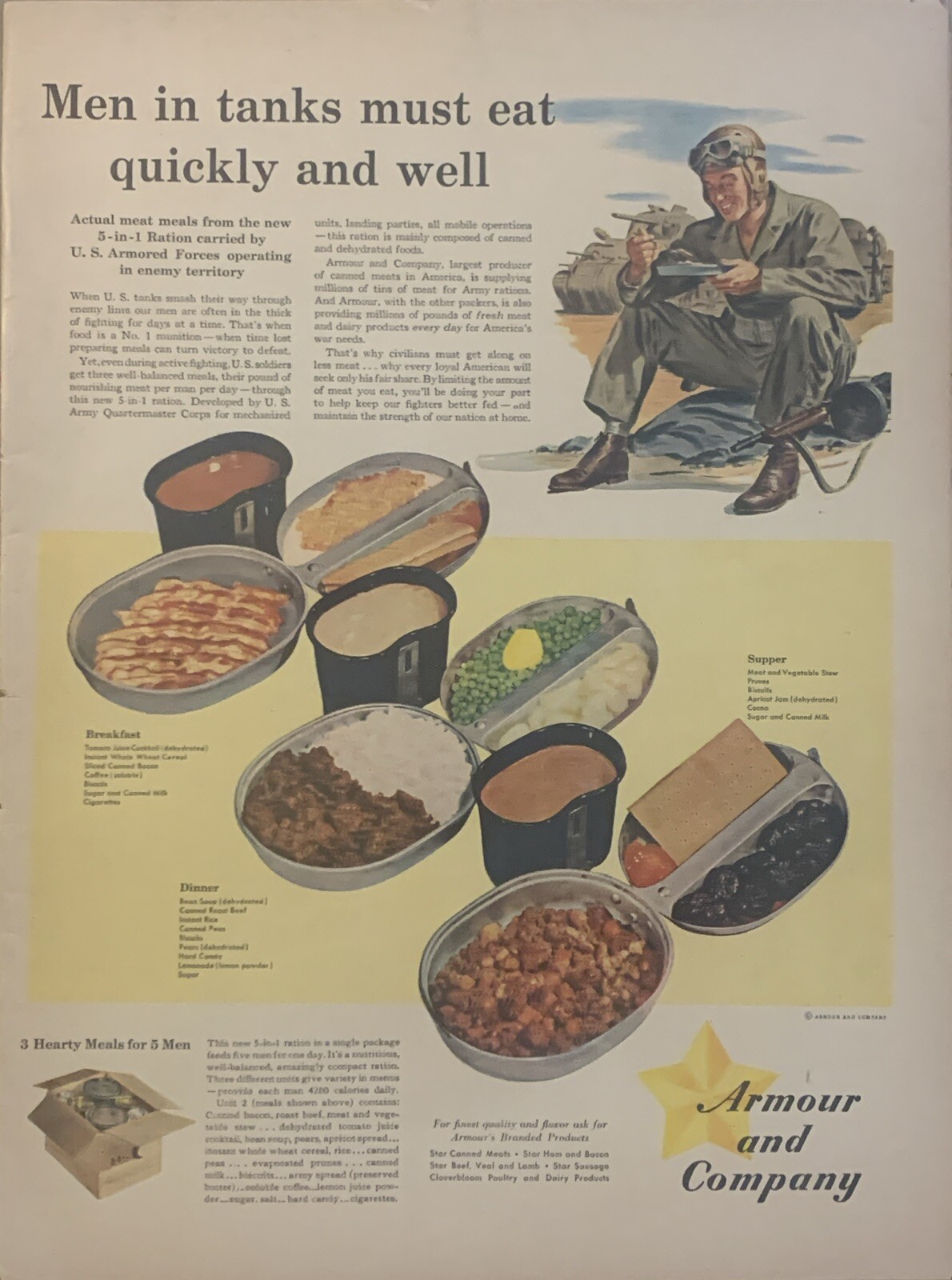 1943 Armour Meats 5-in-1 Rations PRINT AD Army Soldier WWII Armed Forces VTG 40s
