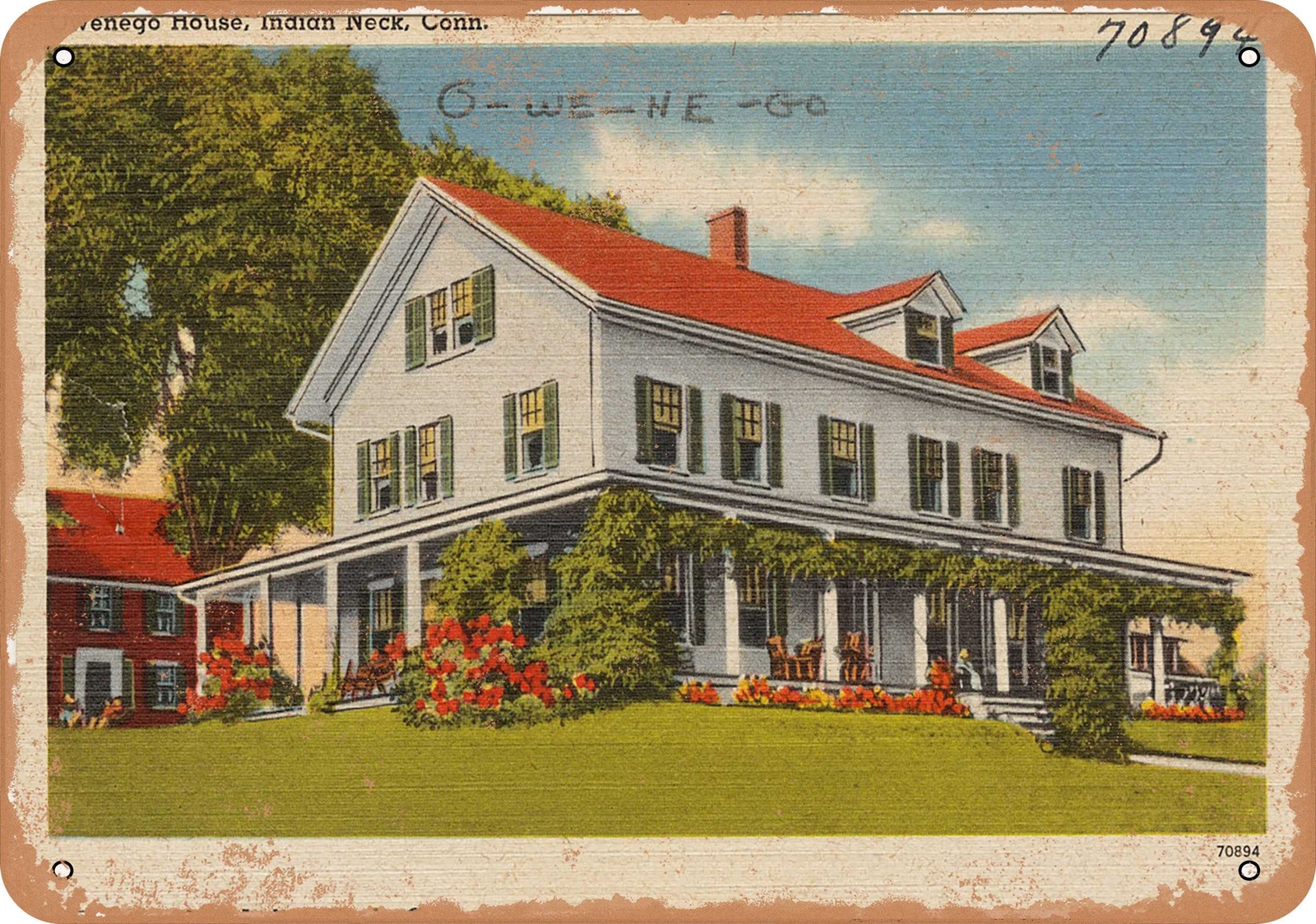 METAL SIGN – Connecticut Postcard – Owenego House, Indian Neck, Conn.