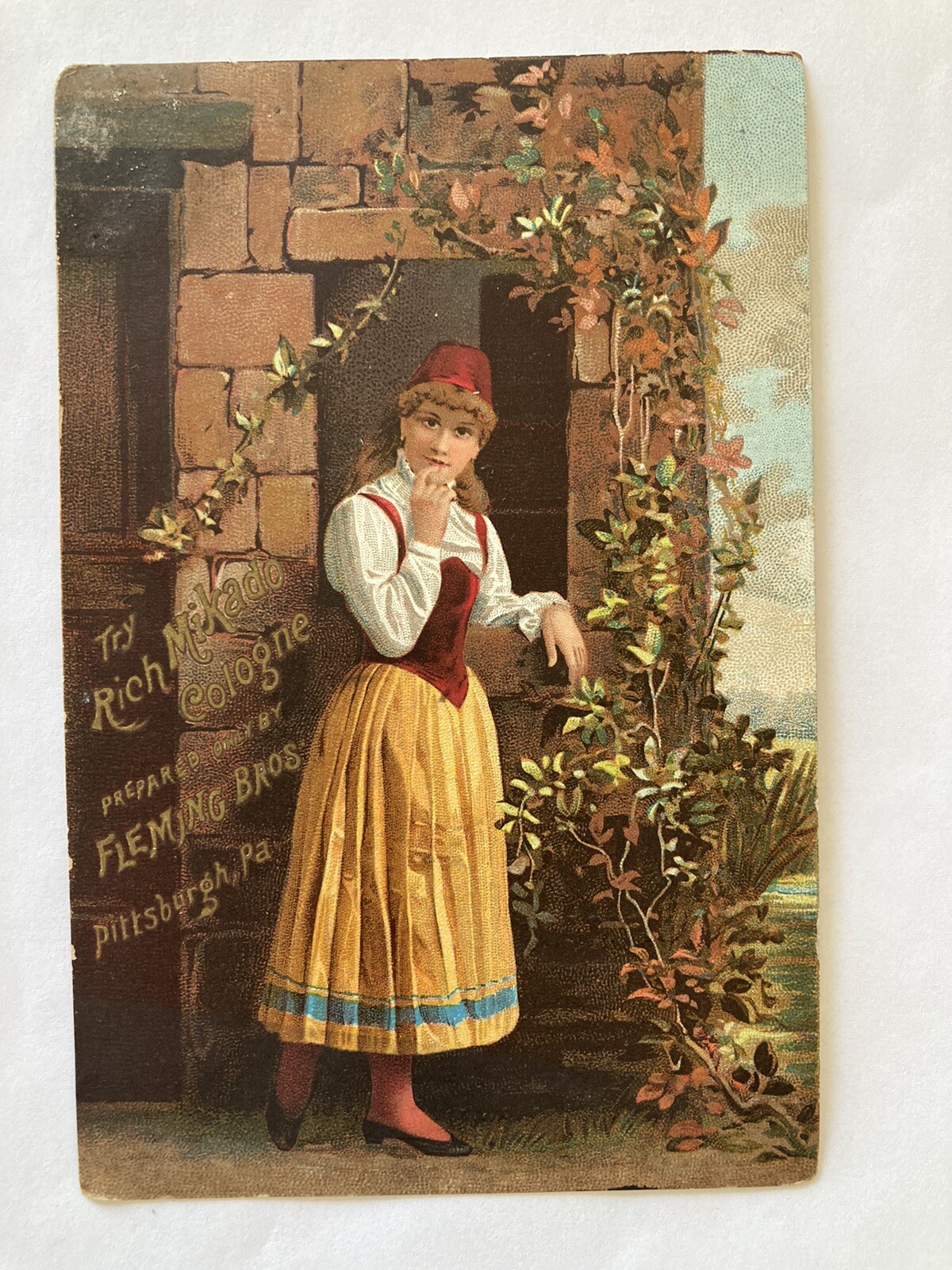 Fleming Bros Victorian Trade Card Quackery Medicine Mikado Cologne Girl In Dress