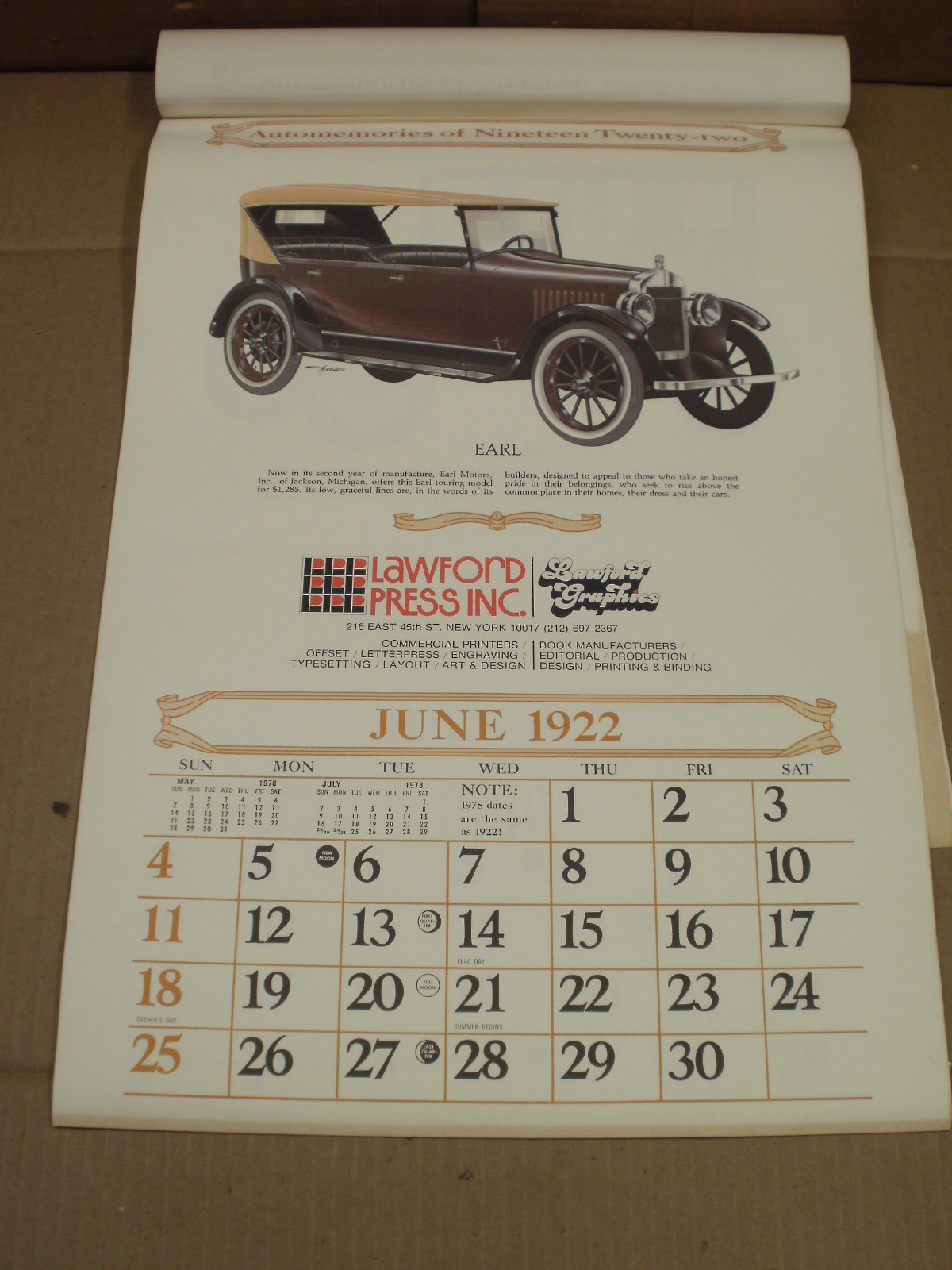 Lawford Press/Graphics, Shaw-Barton Coshocton, OH, Automemories Of 1922 Calendar