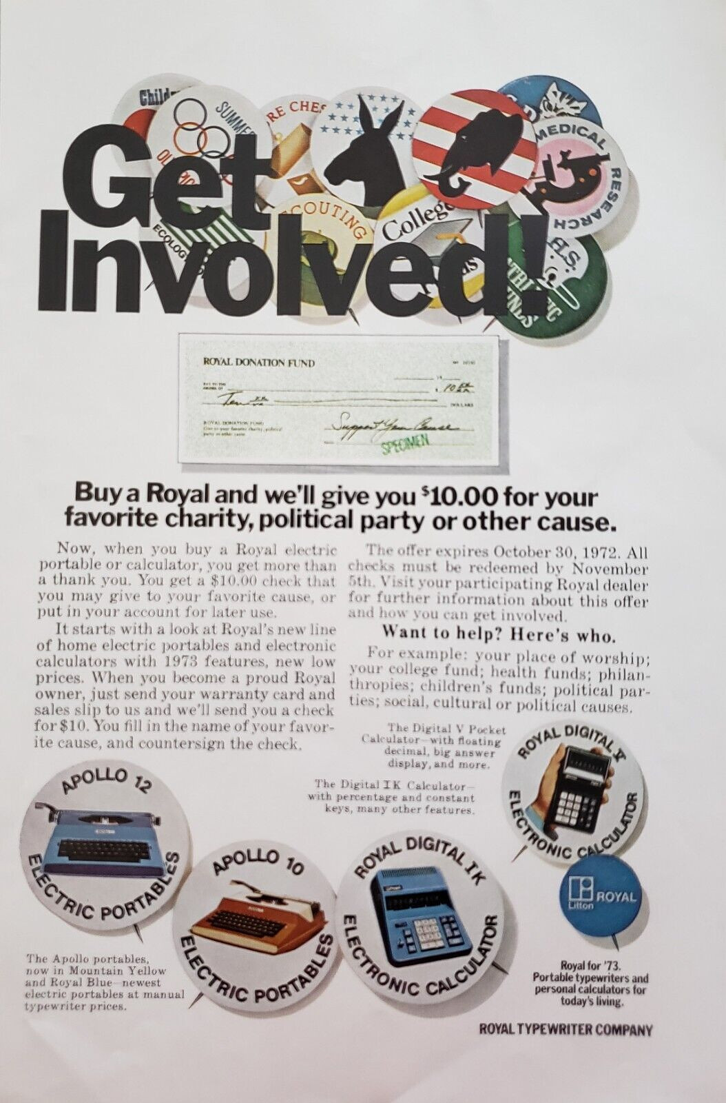 1972 Royal Typewriter Co Get Involved Vintage Print Ad