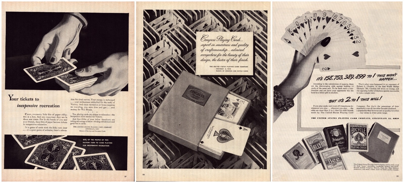 Lot of 3 Vintage 1940’s Congress Bicycle United States Playing Cards Print Ads