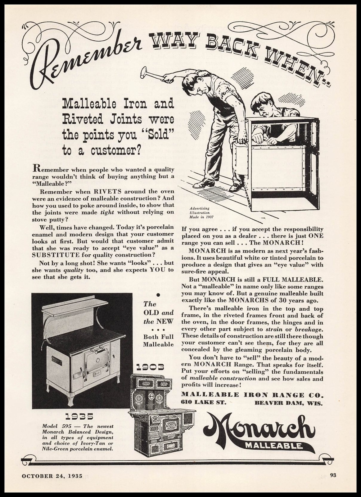 1935 Malleable Iron Range Beaver Dam Wisconsin Monarch Stoves Vintage Print Ad