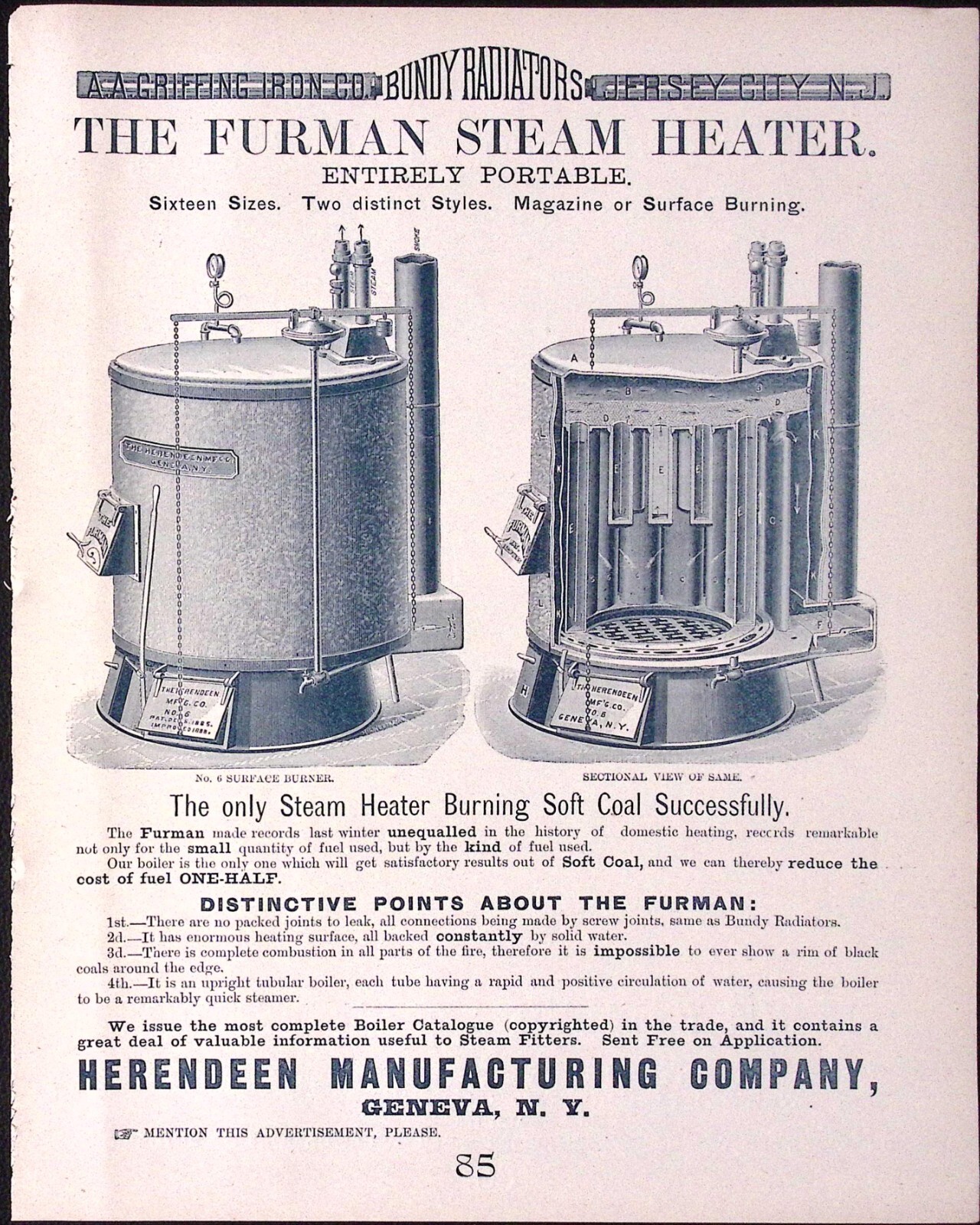 1889 Furman Steam Heater Entirely Portable Herendeen Mfg GENEVA NY Print Ad 85