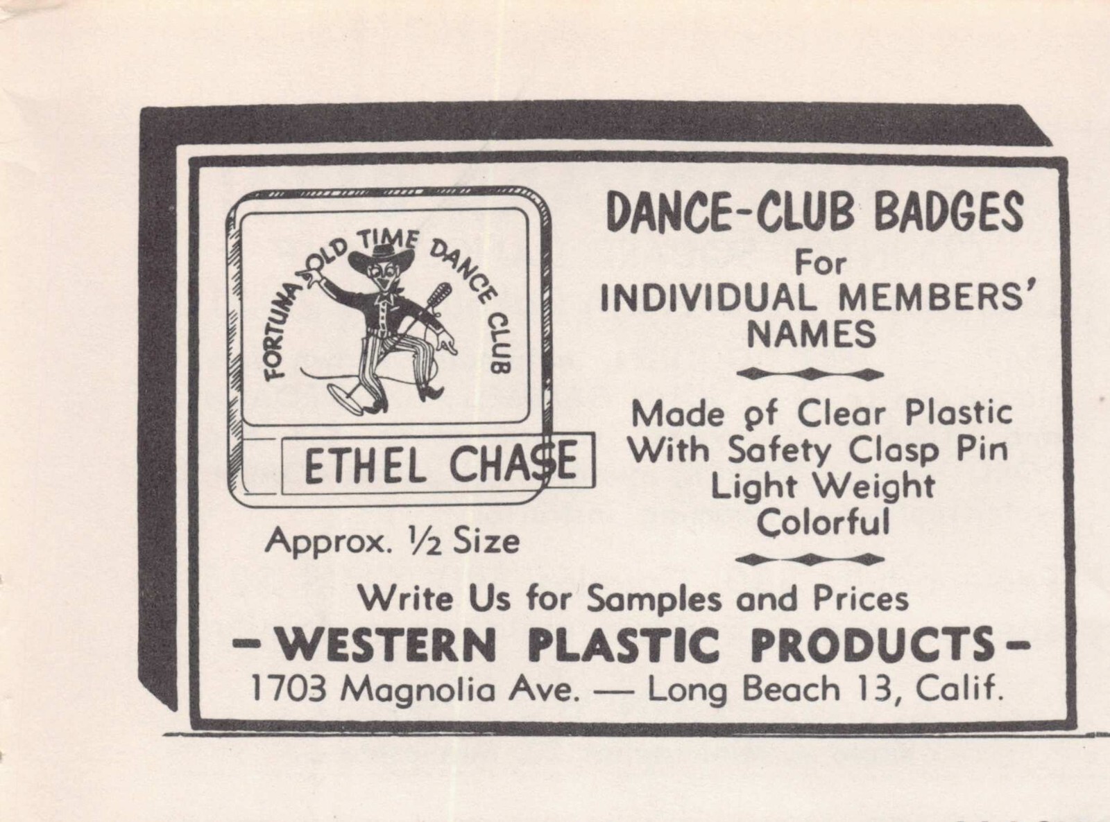 Western Plastic Products Long Beach CA Dance-Club Badges Vtg Magazine Print Ad