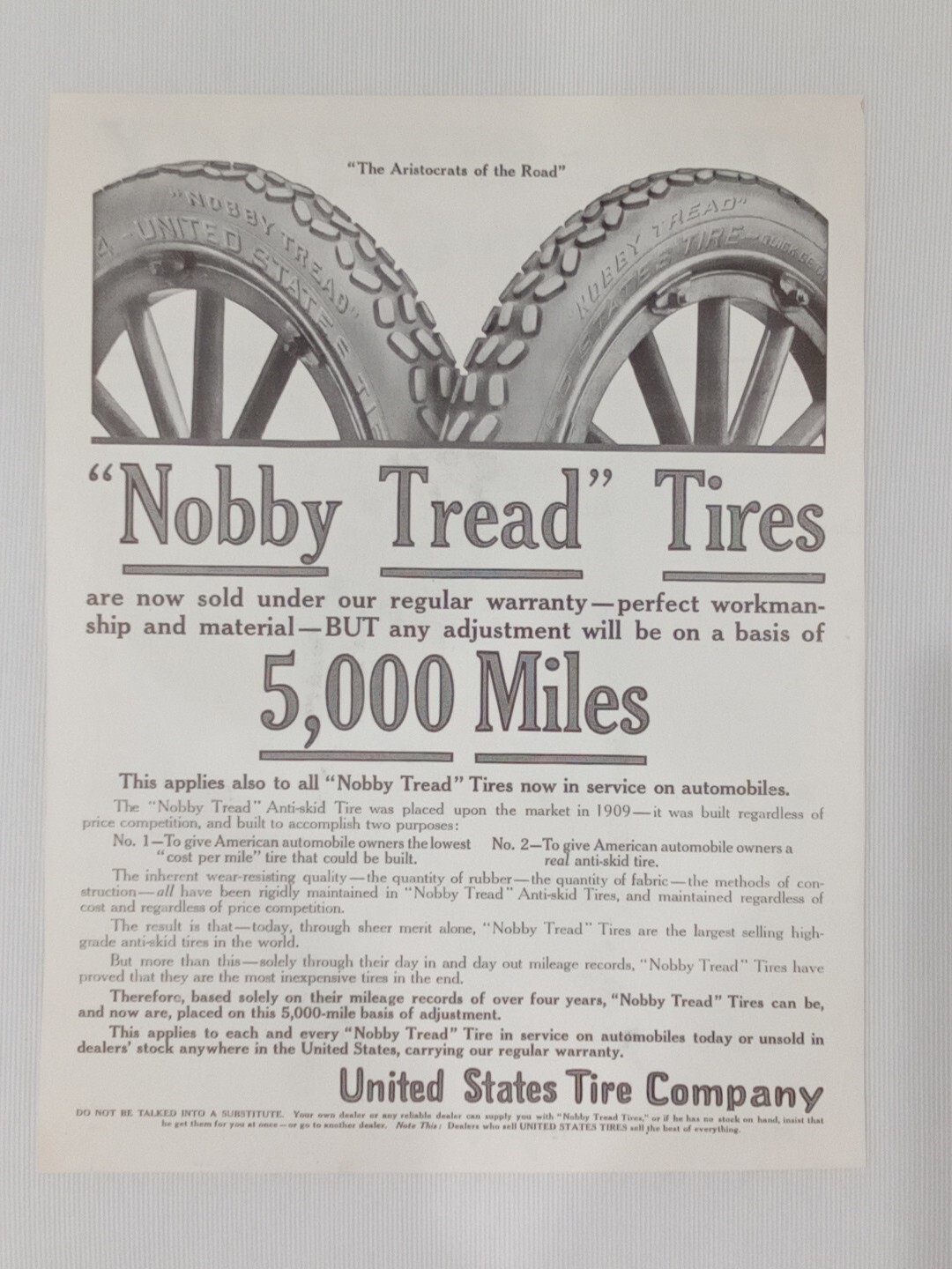 1914 United States Rubber Co. Saturday Evening Post Print Ad “Nobby Tread Tires”