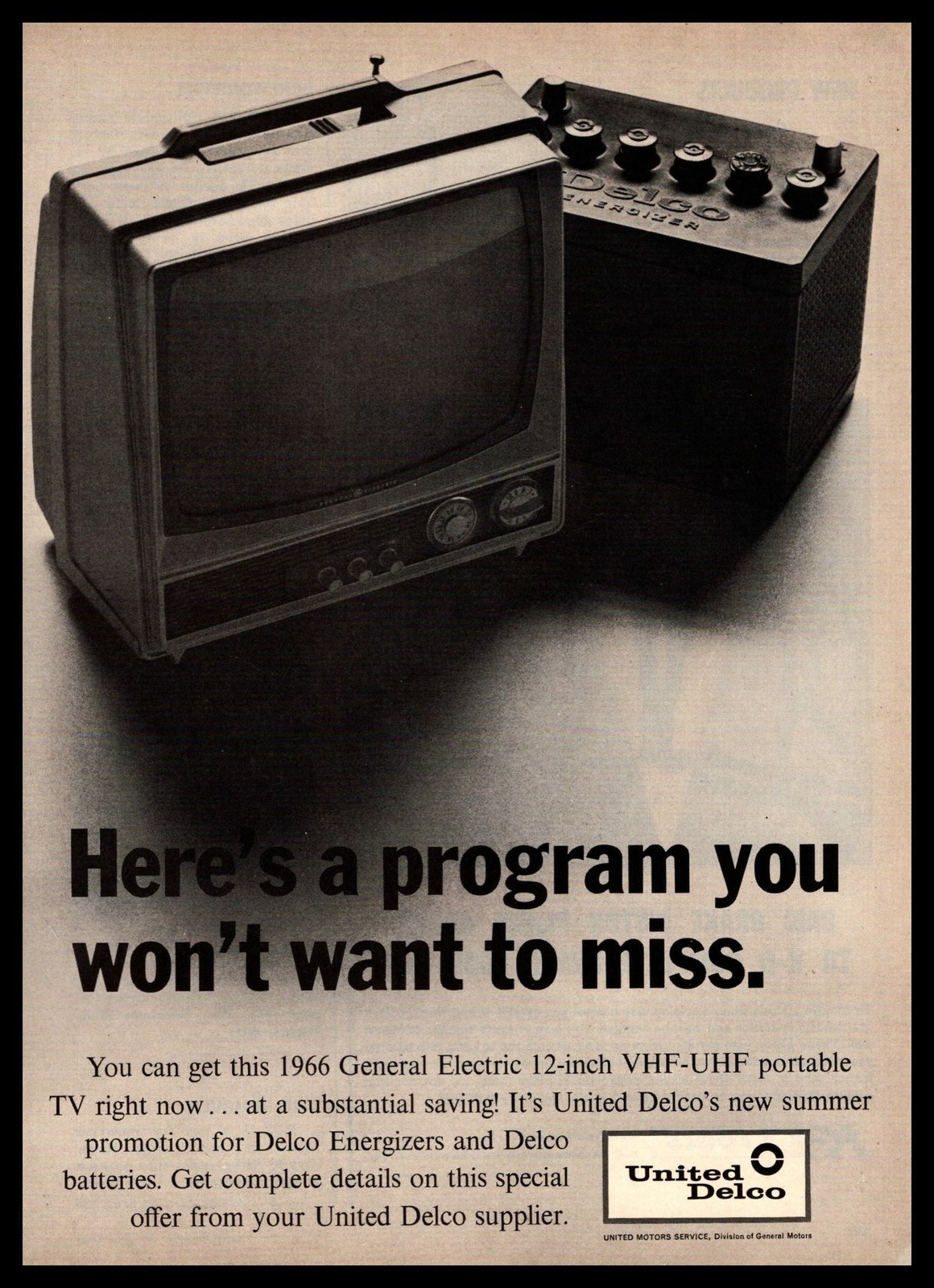 1966 United Delco Supplier G. E. Portable TV Dealer Promotion Vintage Print Ad