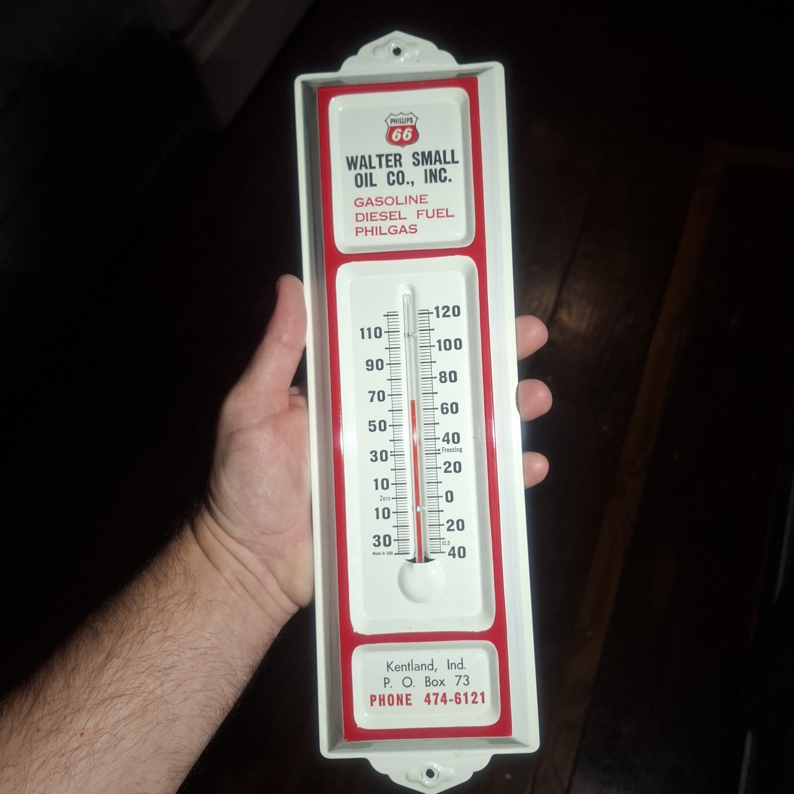 Vintage Phillips 66 WALTER SMALL OIL CO Kentland Indiana thermometer Clean