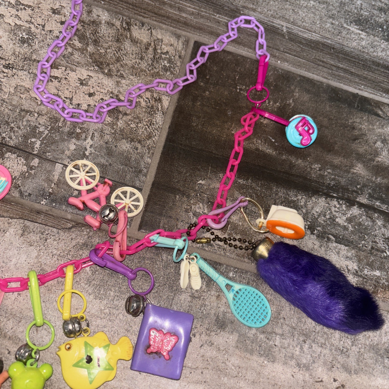 VTG 1980s Plastic Gumball Charm Necklace Mini Toys, Bells & Chains 39 pc