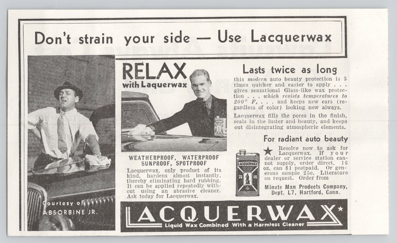 Lacquerwax Auto Beauty Minute Man Hartford Cars 1936 Vintage Print Ad