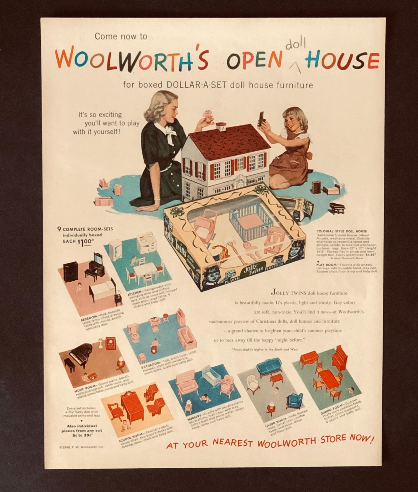 1948 Doll House Advertisement Woolworth Store Toy Furniture Art Vintage Print AD