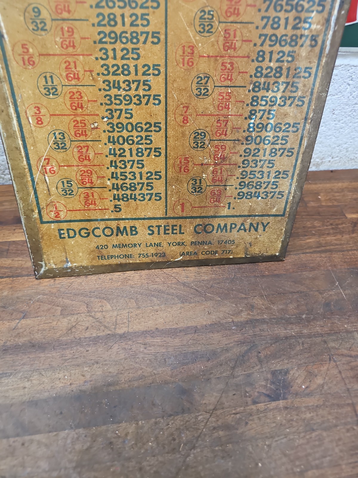 A120-Vintage Edgcomb Steel Company York PA Metal Sign 20 x 9, Decimal Chart