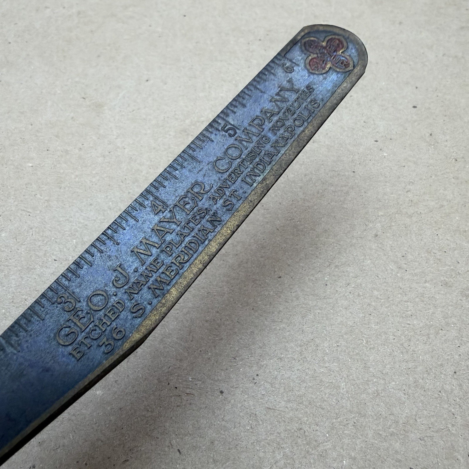 Antique Advertising Brass Metal Ruler Mayer Co Etched Indianapolis Letter Opener