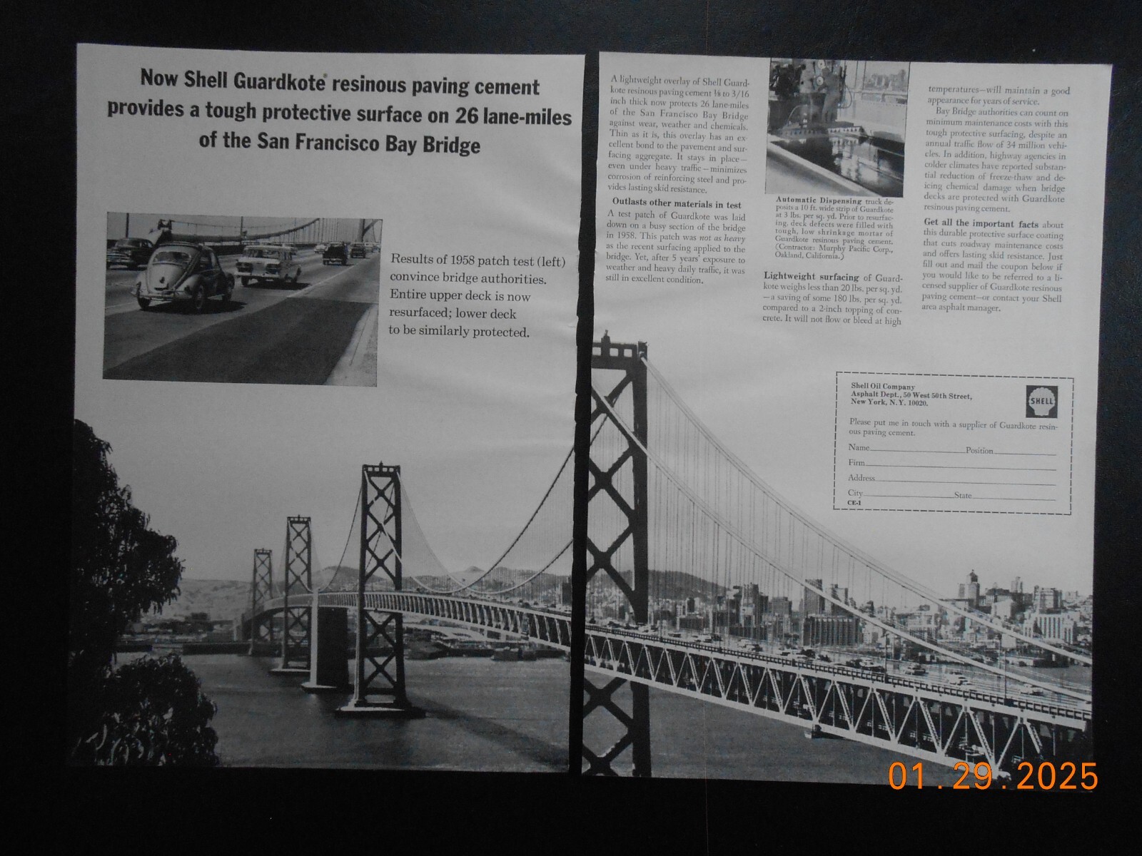 1965 Shell Oil Asphalt San Francisco CA Golden Gate Bay Bridge VW Beetle Bug AD
