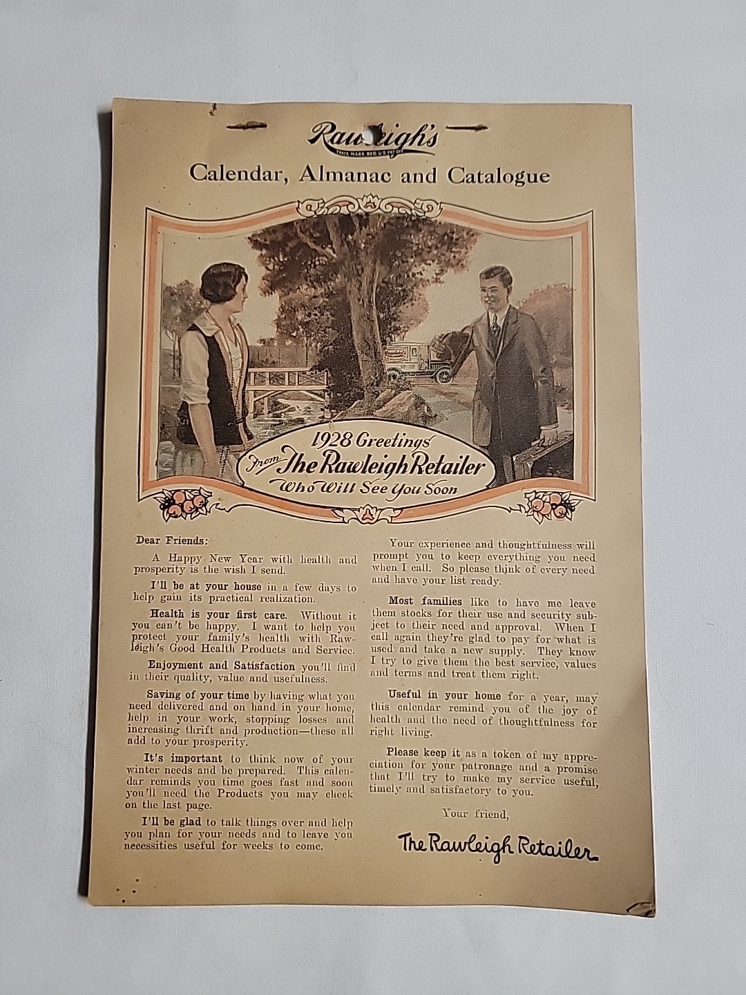 RARE 1928 RAWLEIGH’S CALENDAR, ALMANAC AND CATALOG WALL ADVERTISING VINTAGE